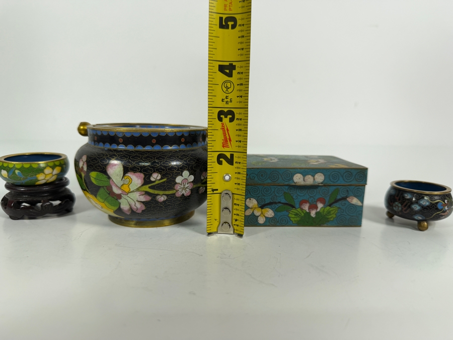Collection Of Four Vintage Chinese Cloisonne Enamel Items Including Lidded Censer Boxes And Miniature Bowls 1.5' - 2.5'H [Photo 11]