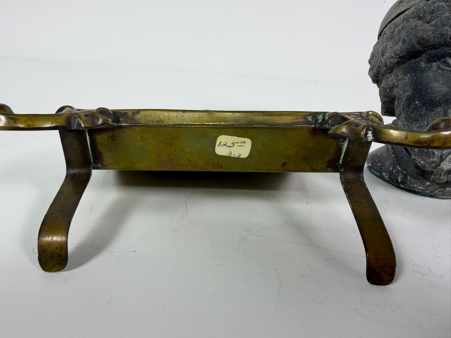 Antique Bradley And Hubbard Pierced Brass Hunting Stag Scene Desk Letter Holder 5'W X 4'H And Vintage Figural Cast Iron Man Head Ink Well 4'H [Photo 6]