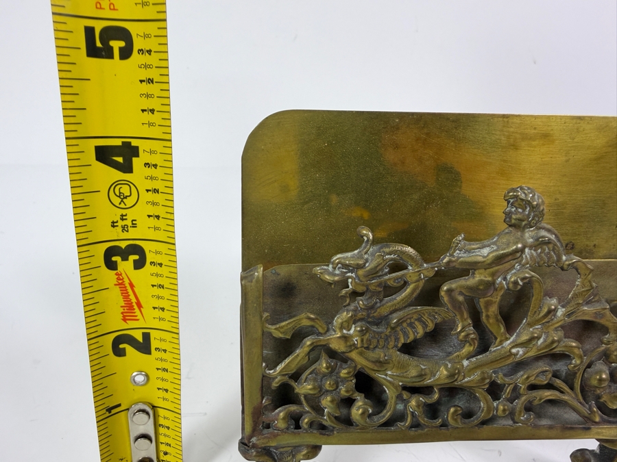 Antique Bradley And Hubbard Pierced Brass Hunting Stag Scene Desk Letter Holder 5'W X 4'H And Vintage Figural Cast Iron Man Head Ink Well 4'H [Photo 8]