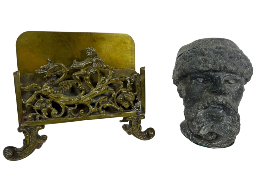 Antique Bradley And Hubbard Pierced Brass Hunting Stag Scene Desk Letter Holder 5'W X 4'H And Vintage Figural Cast Iron Man Head Ink Well 4'H