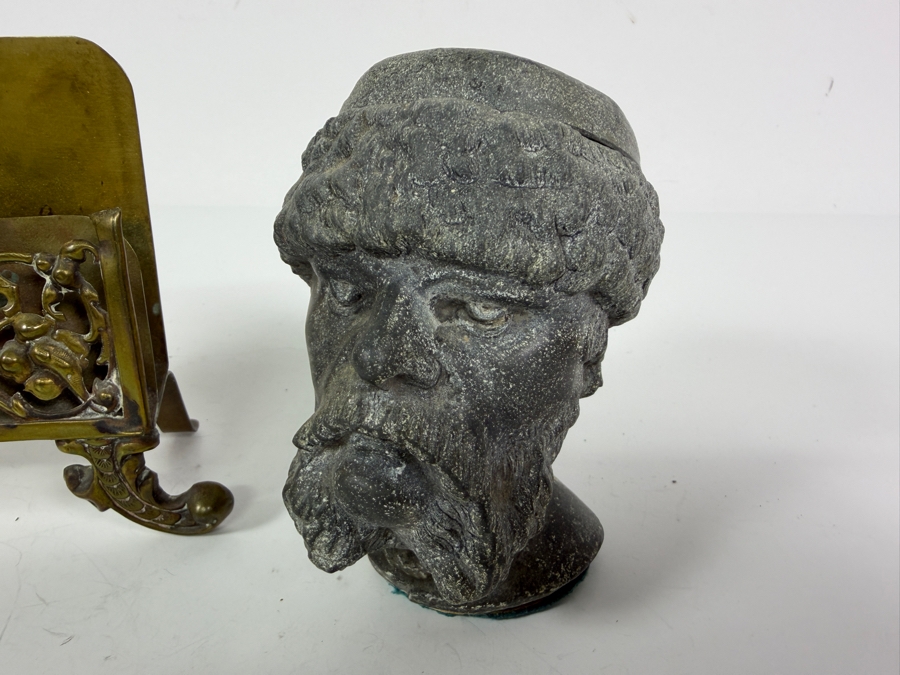 Antique Bradley And Hubbard Pierced Brass Hunting Stag Scene Desk Letter Holder 5'W X 4'H And Vintage Figural Cast Iron Man Head Ink Well 4'H [Photo 4]