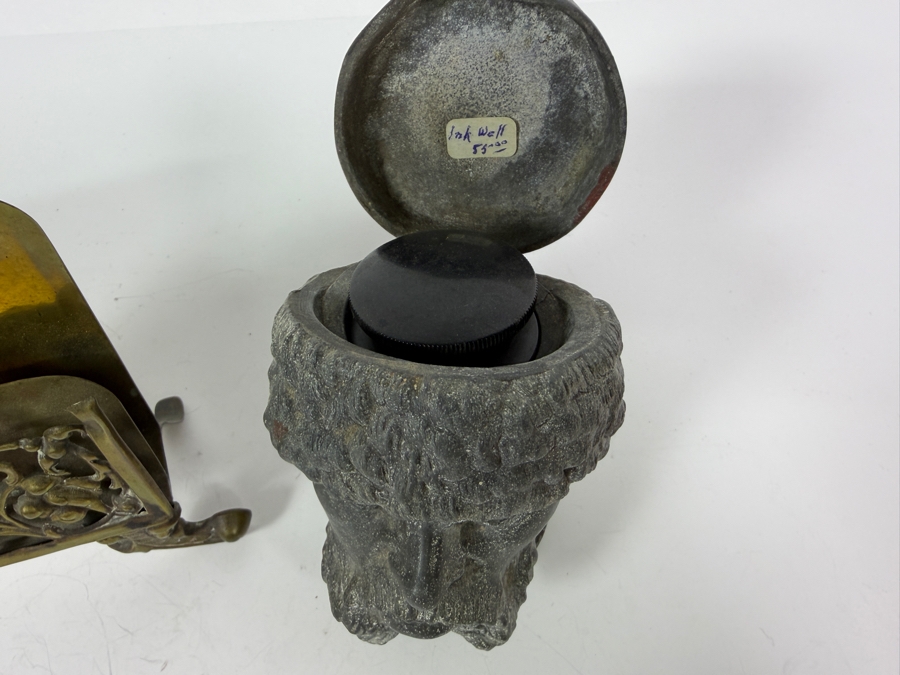 Antique Bradley And Hubbard Pierced Brass Hunting Stag Scene Desk Letter Holder 5'W X 4'H And Vintage Figural Cast Iron Man Head Ink Well 4'H [Photo 5]