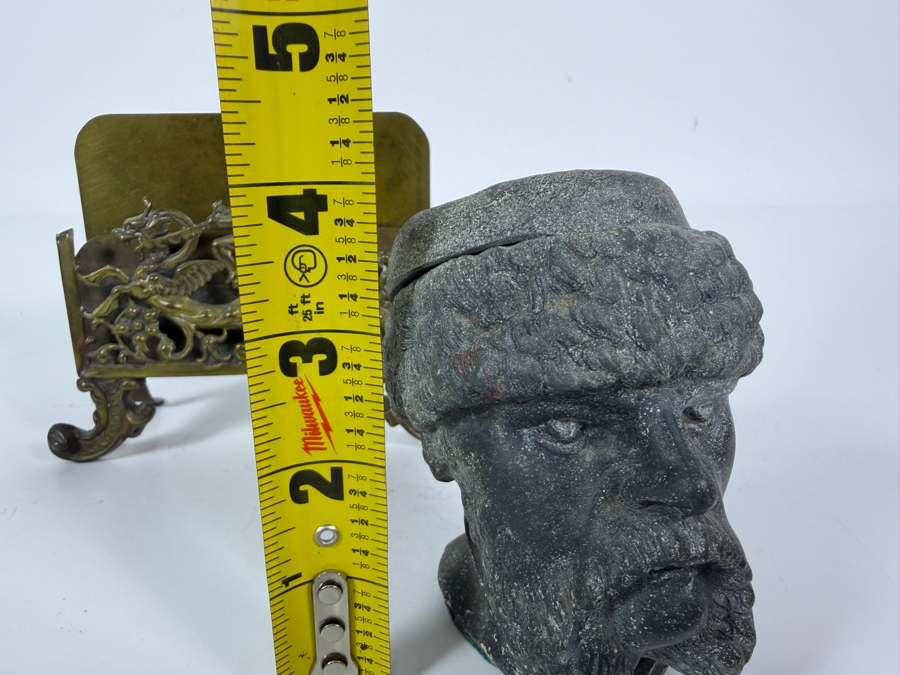 Antique Bradley And Hubbard Pierced Brass Hunting Stag Scene Desk Letter Holder 5'W X 4'H And Vintage Figural Cast Iron Man Head Ink Well 4'H [Photo 9]