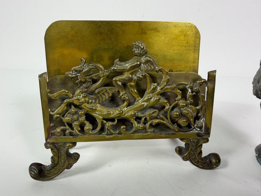 Antique Bradley And Hubbard Pierced Brass Hunting Stag Scene Desk Letter Holder 5'W X 4'H And Vintage Figural Cast Iron Man Head Ink Well 4'H [Photo 2]