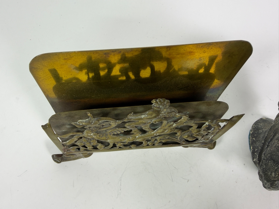 Antique Bradley And Hubbard Pierced Brass Hunting Stag Scene Desk Letter Holder 5'W X 4'H And Vintage Figural Cast Iron Man Head Ink Well 4'H [Photo 3]