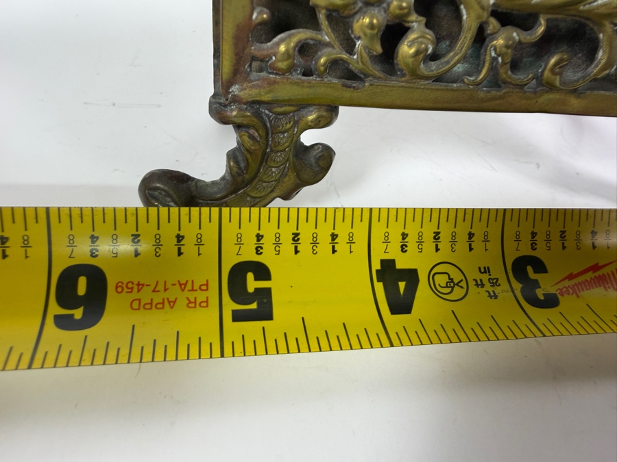Antique Bradley And Hubbard Pierced Brass Hunting Stag Scene Desk Letter Holder 5'W X 4'H And Vintage Figural Cast Iron Man Head Ink Well 4'H [Photo 7]