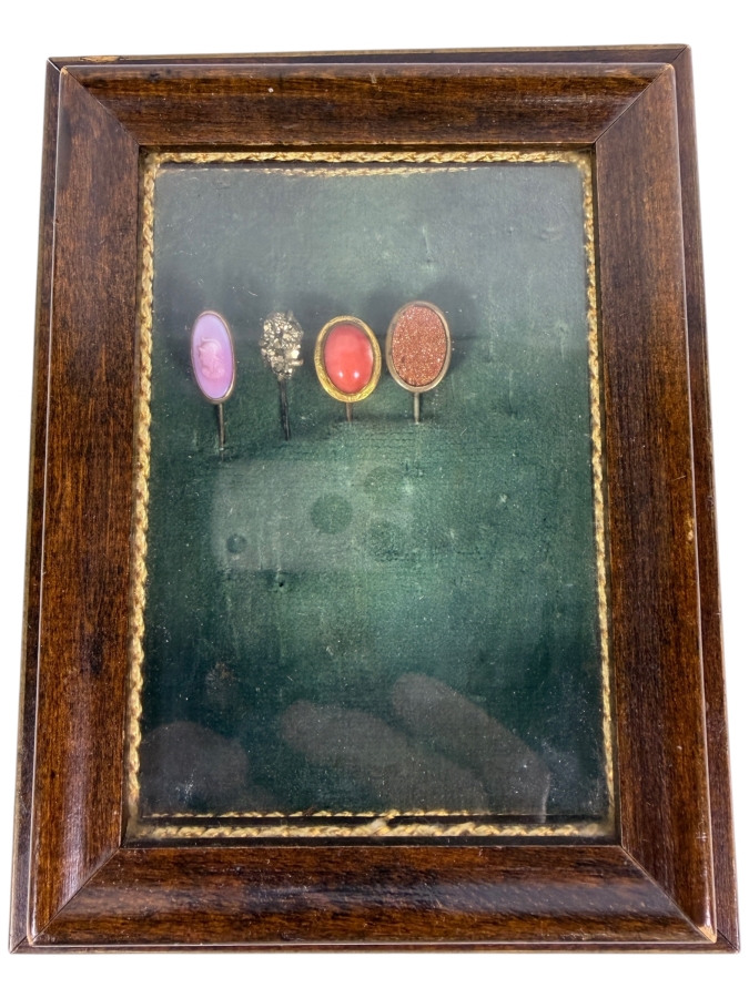 Four Antique Victorian Miscellaneous Stick Pins Mounted In A Vintage Glazed Green Velvet Shadow Box Frame 5'W X 6.5'H X 2'D
