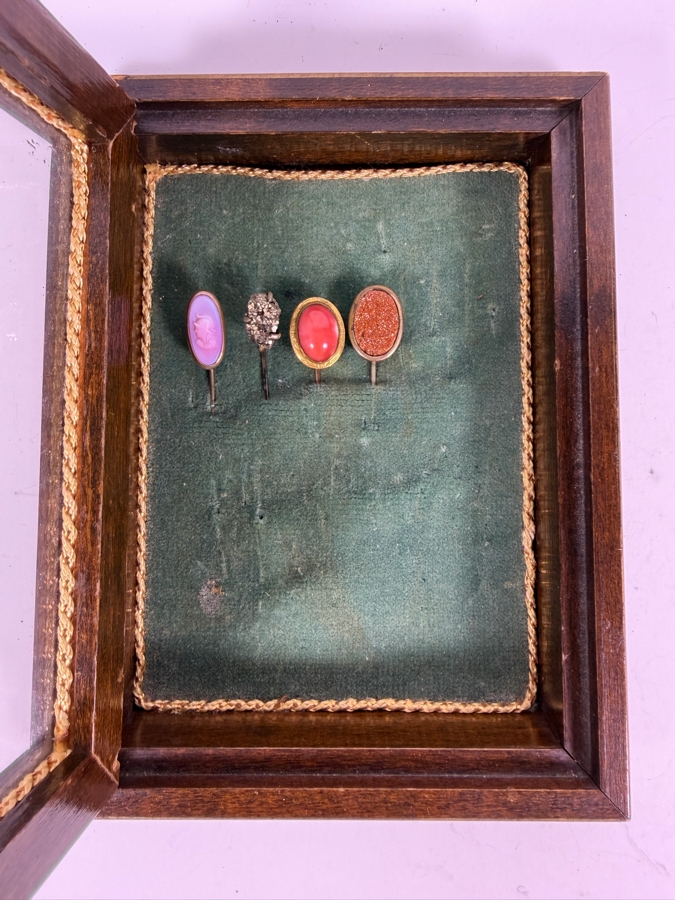 Four Antique Victorian Miscellaneous Stick Pins Mounted In A Vintage Glazed Green Velvet Shadow Box Frame 5'W X 6.5'H X 2'D [Photo 2]