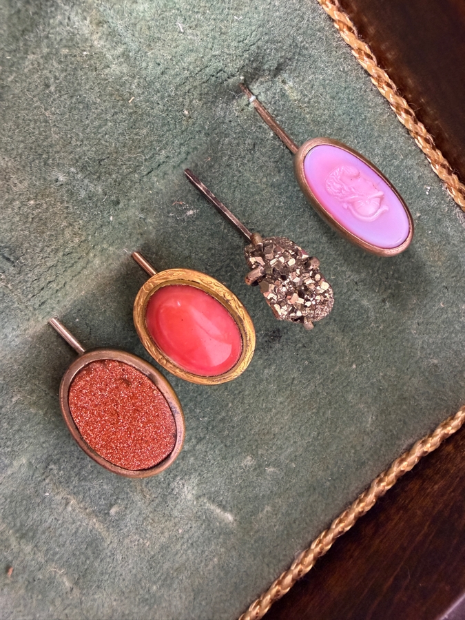 Four Antique Victorian Miscellaneous Stick Pins Mounted In A Vintage Glazed Green Velvet Shadow Box Frame 5'W X 6.5'H X 2'D [Photo 3]