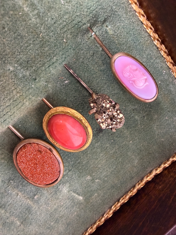 Four Antique Victorian Miscellaneous Stick Pins Mounted In A Vintage Glazed Green Velvet Shadow Box Frame 5'W X 6.5'H X 2'D [Photo 4]