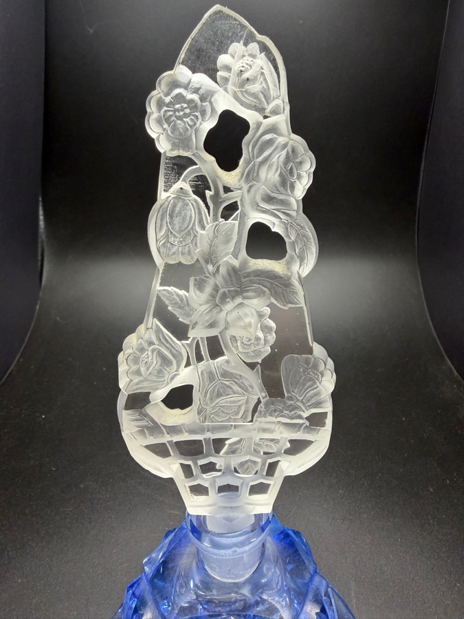 Vintage Czechoslovakia Art Deco Blue Glass Perfume Bottle With Frosted Openwork Flower Basket Stopper 7'H [Photo 8]