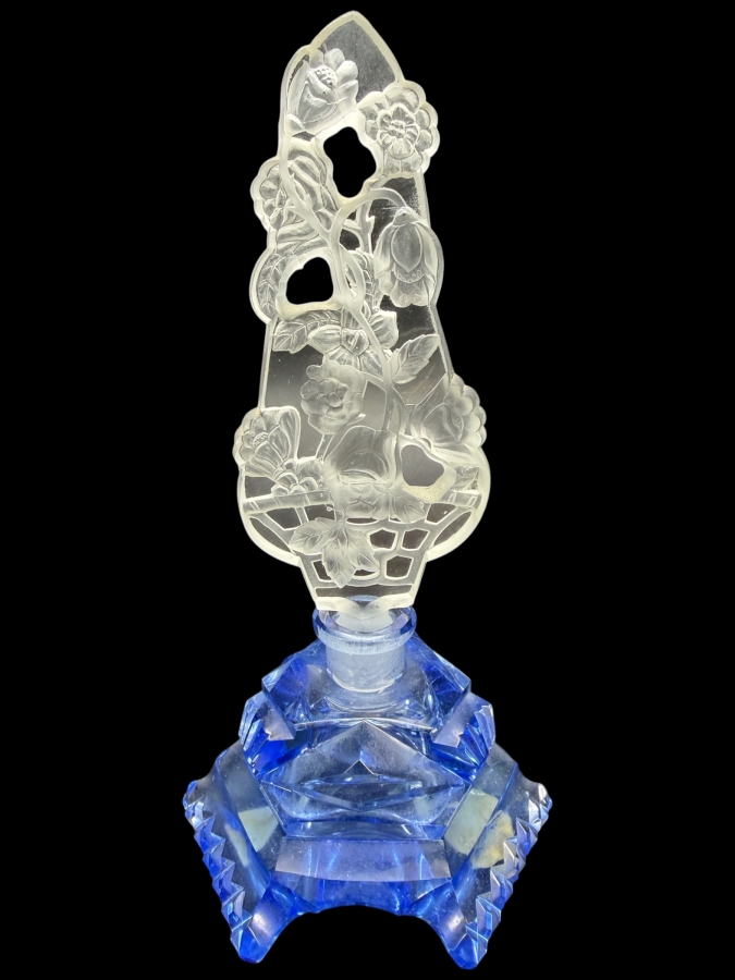 Vintage Czechoslovakia Art Deco Blue Glass Perfume Bottle With Frosted Openwork Flower Basket Stopper 7'H