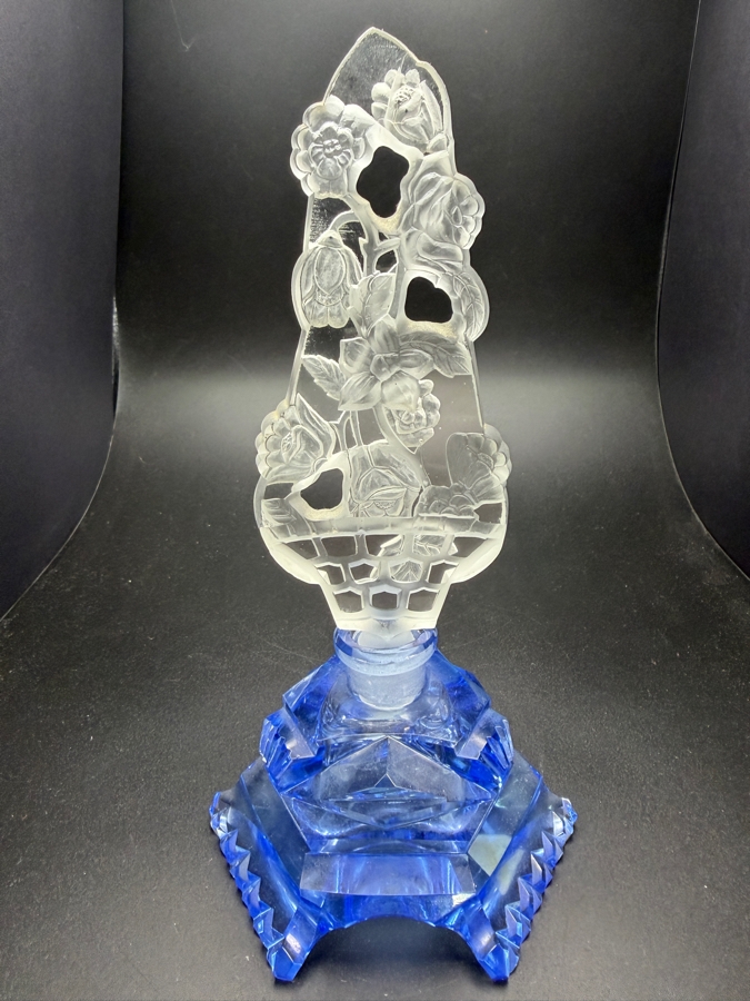 Vintage Czechoslovakia Art Deco Blue Glass Perfume Bottle With Frosted Openwork Flower Basket Stopper 7'H [Photo 7]