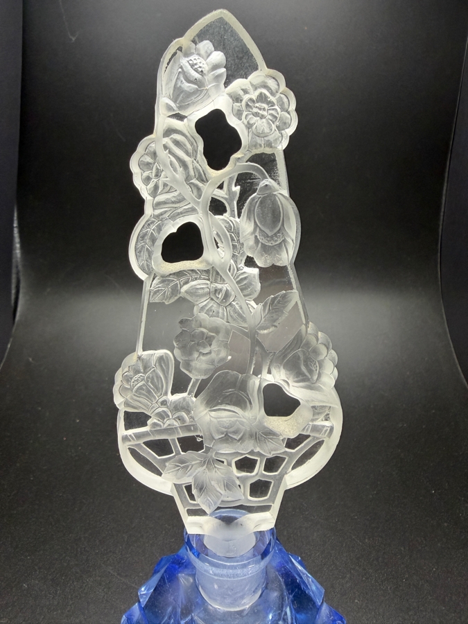 Vintage Czechoslovakia Art Deco Blue Glass Perfume Bottle With Frosted Openwork Flower Basket Stopper 7'H [Photo 2]