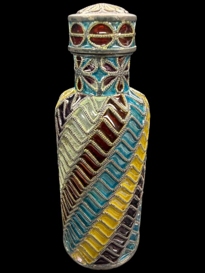 Vintage Austro Hungarian Sterling Silver Plique A Jour Enamel Geometric Pattern Perfume Scent Bottle 2.5'H