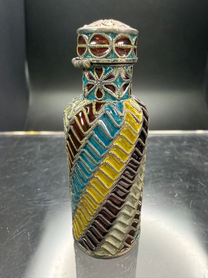 Vintage Austro Hungarian Sterling Silver Plique A Jour Enamel Geometric Pattern Perfume Scent Bottle 2.5'H [Photo 2]