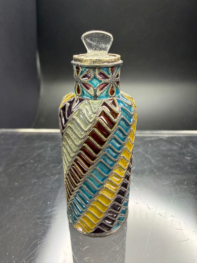 Vintage Austro Hungarian Sterling Silver Plique A Jour Enamel Geometric Pattern Perfume Scent Bottle 2.5'H [Photo 4]