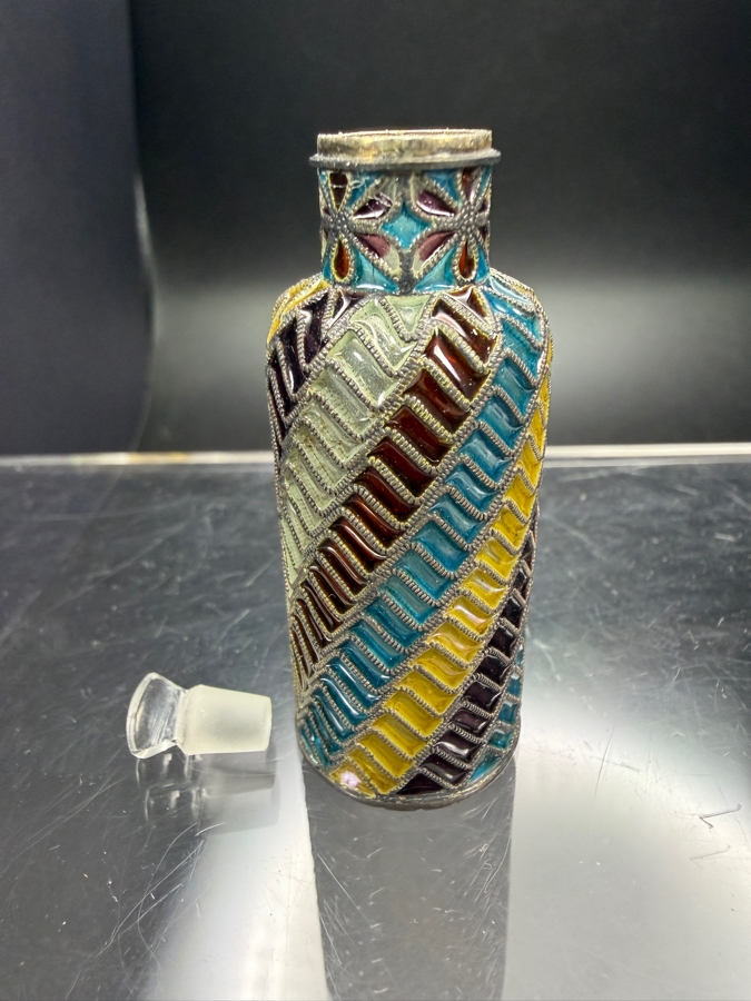 Vintage Austro Hungarian Sterling Silver Plique A Jour Enamel Geometric Pattern Perfume Scent Bottle 2.5'H [Photo 5]