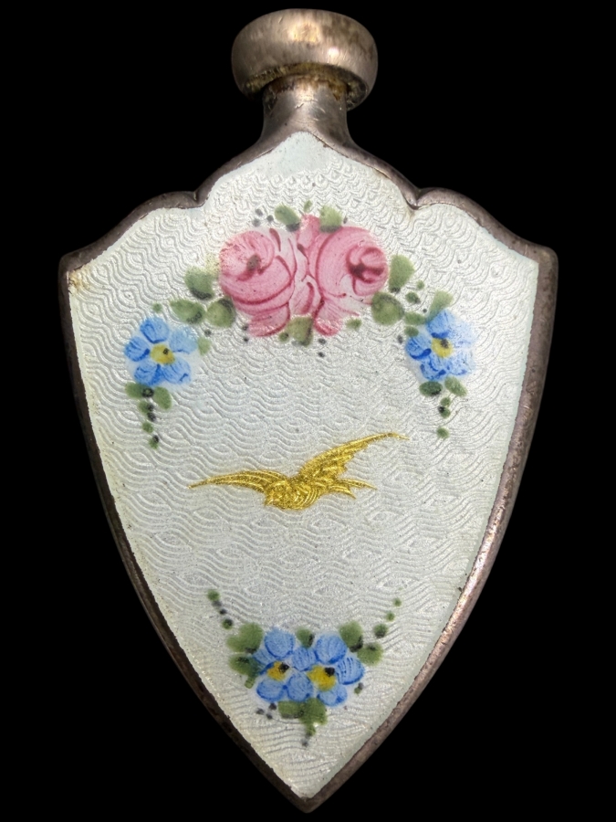 Antique Carter Qvarnstrom And Remington Sterling Silver Guilloche Enamel Shield Shaped Scent Flask Perfume Bottle With Back Maker Mark 1.75'L 10.8g
