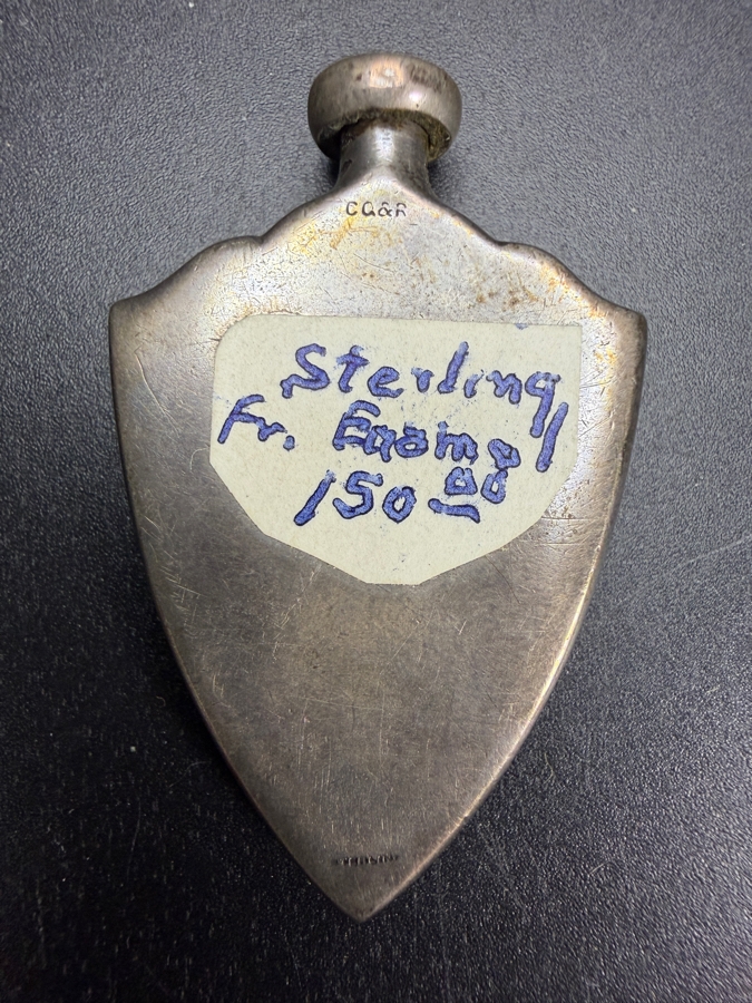 Antique Carter Qvarnstrom And Remington Sterling Silver Guilloche Enamel Shield Shaped Scent Flask Perfume Bottle With Back Maker Mark 1.75'L 10.8g [Photo 2]