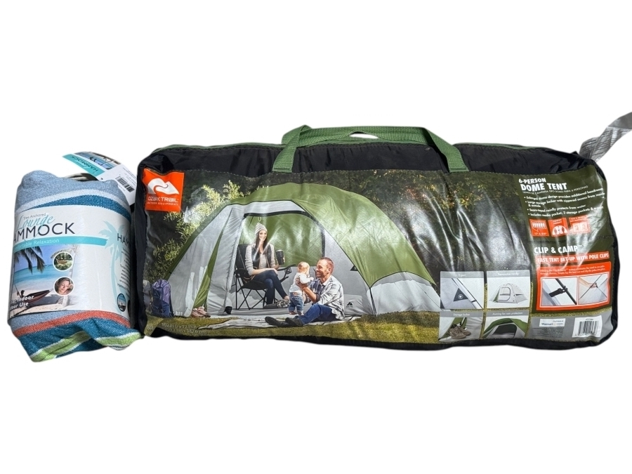 Just Added - Ozark Trail 6 Person Clip And Camp Dome Tent Bundle With Equip Blue Striped Portable Travel Tree Hammock