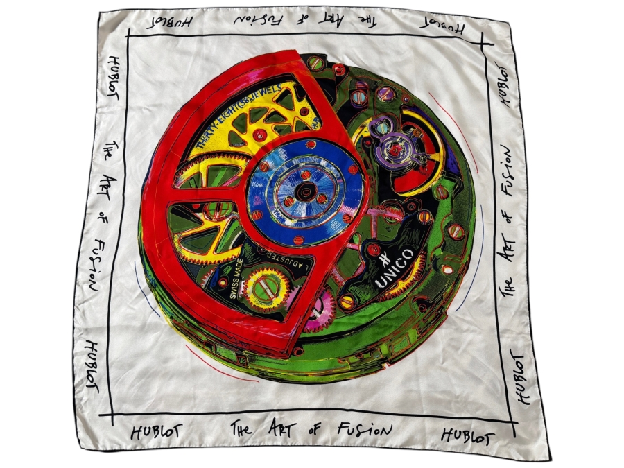 Just Added - Hublot, The Art Of Fusion, Silk Square Scarf, Featuring Artistic Unico Watch Movement Graphic, With Signature Handwritten Logo Border 35' X 35'
