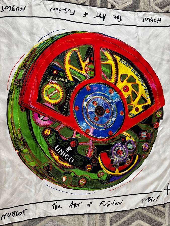 Just Added - Hublot, The Art Of Fusion, Silk Square Scarf, Featuring Artistic Unico Watch Movement Graphic, With Signature Handwritten Logo Border 35' X 35' [Photo 2]