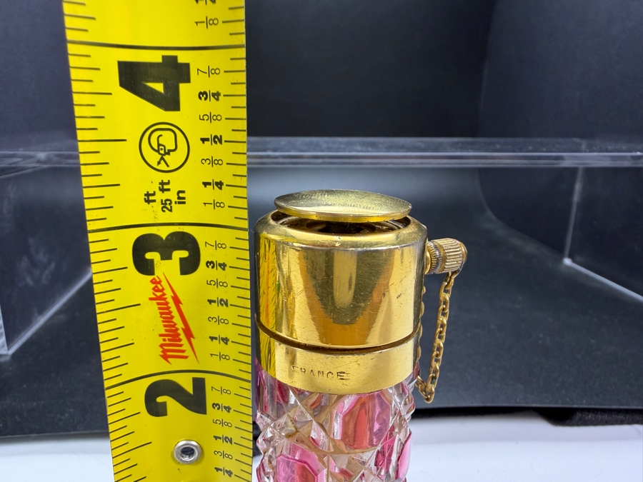 Antique French Baccarat Cranberry Cut To Clear Crystal Hobnail Purse Perfume Atomizer Bottle Stamped Marny France 3'H [Photo 6]