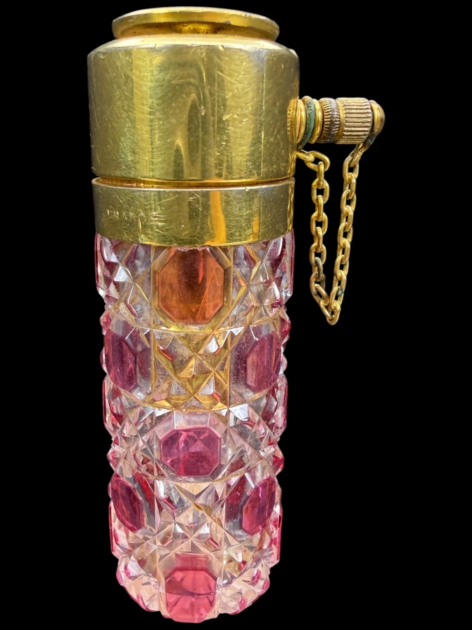 Antique French Baccarat Cranberry Cut To Clear Crystal Hobnail Purse Perfume Atomizer Bottle Stamped Marny France 3'H