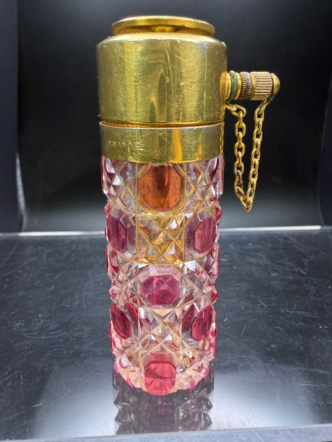 Antique French Baccarat Cranberry Cut To Clear Crystal Hobnail Purse Perfume Atomizer Bottle Stamped Marny France 3'H [Photo 2]