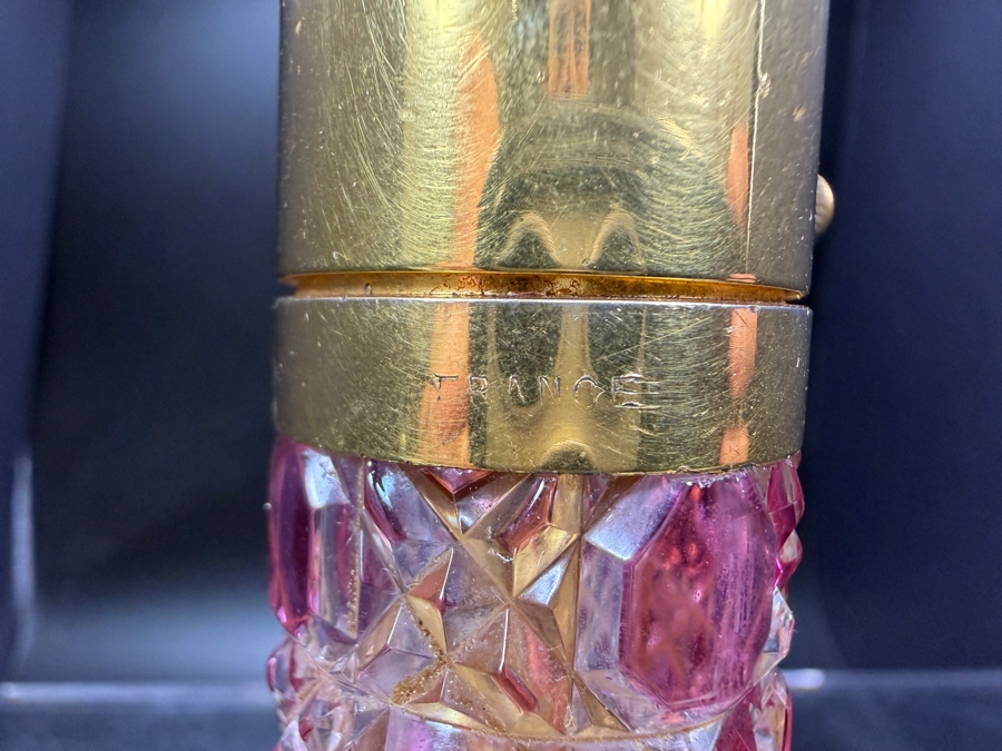 Antique French Baccarat Cranberry Cut To Clear Crystal Hobnail Purse Perfume Atomizer Bottle Stamped Marny France 3'H [Photo 3]