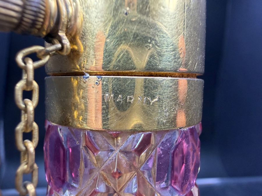 Antique French Baccarat Cranberry Cut To Clear Crystal Hobnail Purse Perfume Atomizer Bottle Stamped Marny France 3'H [Photo 4]