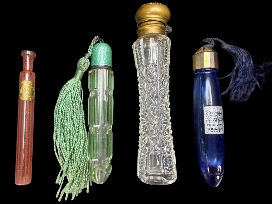 Collection Of Four Vintage And Antique Scent Vials Including Bourjois Evening In Paris And Green Guilloche Enamel Cap Bottles