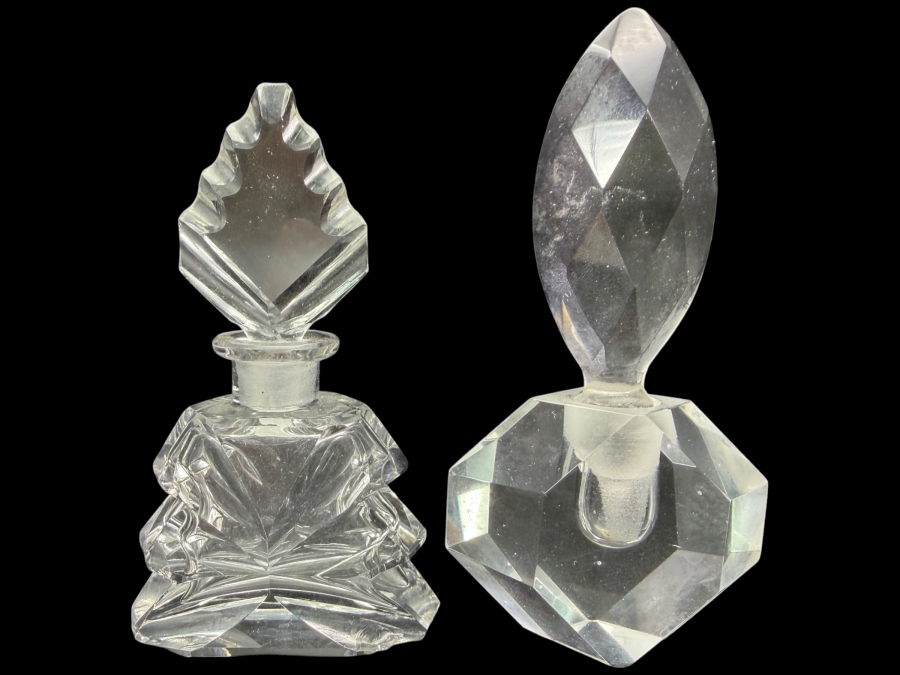 Pair Of Vintage Czechoslovakia Art Deco Faceted Clear Glass Perfume Bottles With Large Sculptural Stoppers 4.5' - 5'H