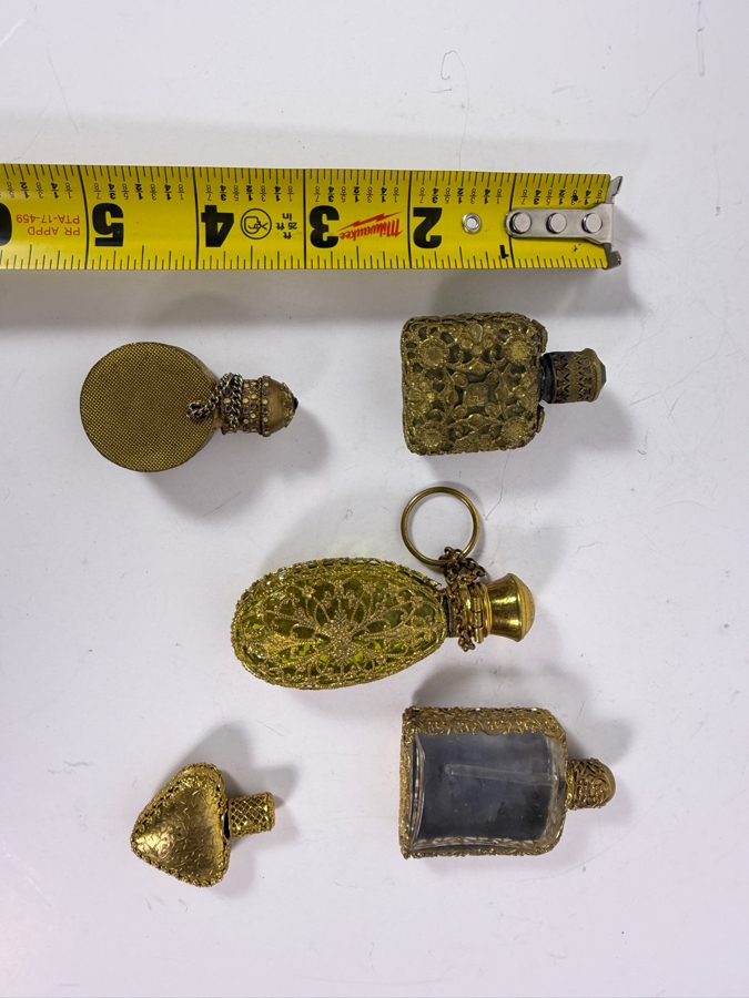 Collection Of Five Vintage And Antique Filigree Vanity Scent Bottles Including Petit Point And Jeweled Glass Flasks [Photo 9]