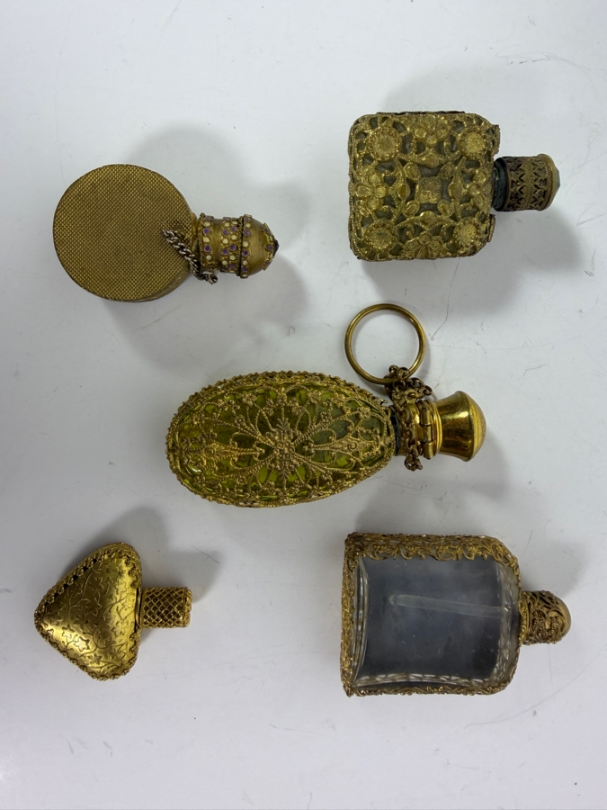 Collection Of Five Vintage And Antique Filigree Vanity Scent Bottles Including Petit Point And Jeweled Glass Flasks [Photo 8]
