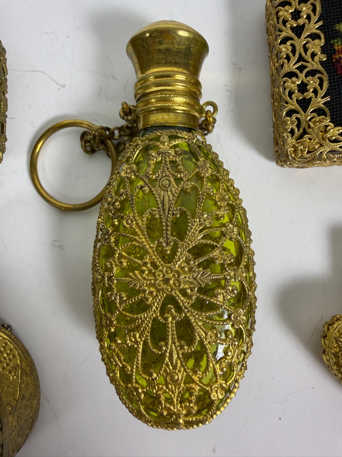 Collection Of Five Vintage And Antique Filigree Vanity Scent Bottles Including Petit Point And Jeweled Glass Flasks [Photo 2]