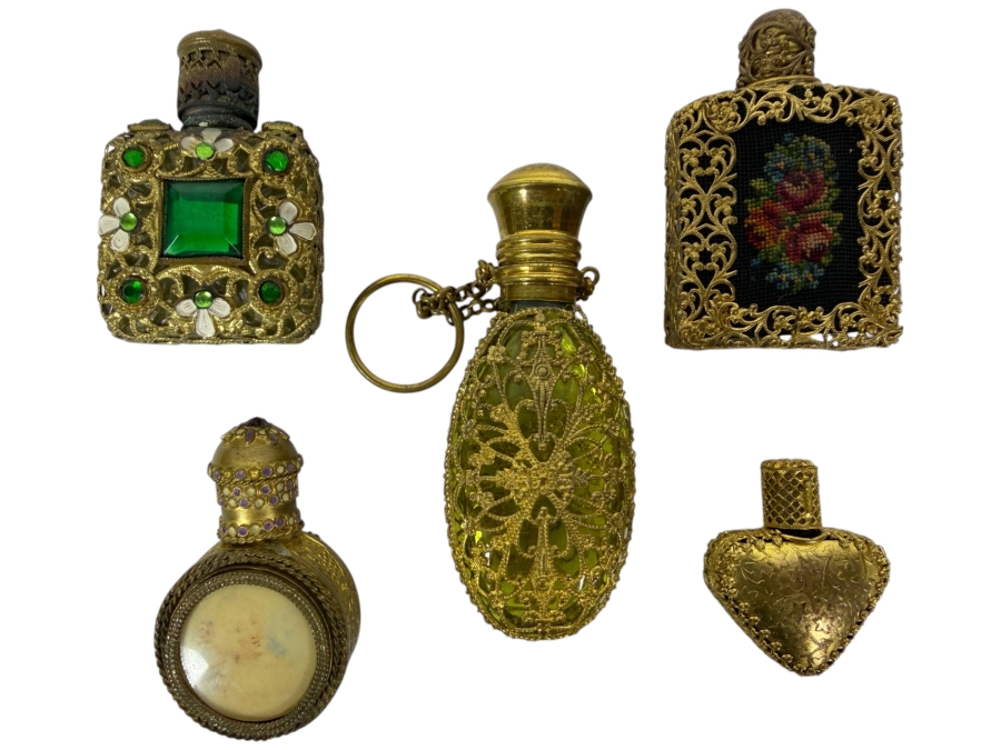 Collection Of Five Vintage And Antique Filigree Vanity Scent Bottles Including Petit Point And Jeweled Glass Flasks