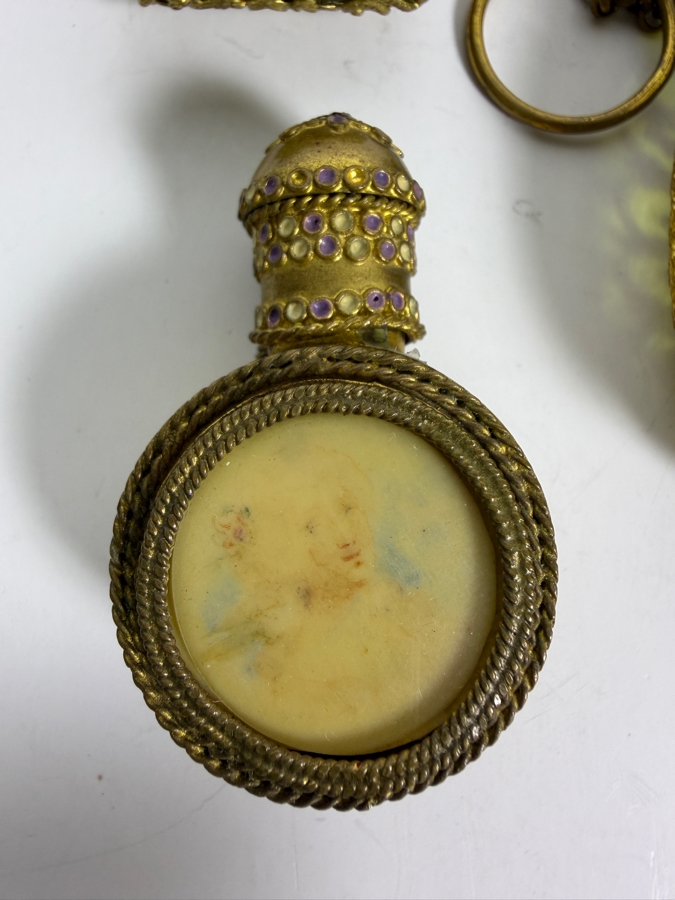 Collection Of Five Vintage And Antique Filigree Vanity Scent Bottles Including Petit Point And Jeweled Glass Flasks [Photo 4]