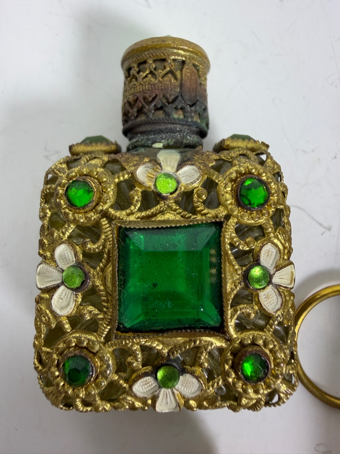 Collection Of Five Vintage And Antique Filigree Vanity Scent Bottles Including Petit Point And Jeweled Glass Flasks [Photo 3]