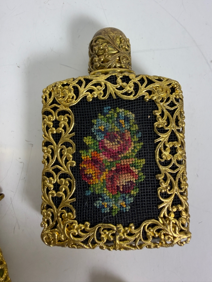 Collection Of Five Vintage And Antique Filigree Vanity Scent Bottles Including Petit Point And Jeweled Glass Flasks [Photo 5]