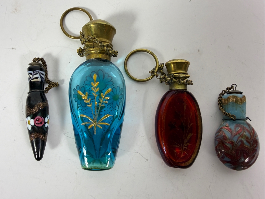 Collection Of Four Vintage And Antique Hand Painted Bristol And Venetian Glass Chatelaine Purse Perfume Bottles [Photo 6]