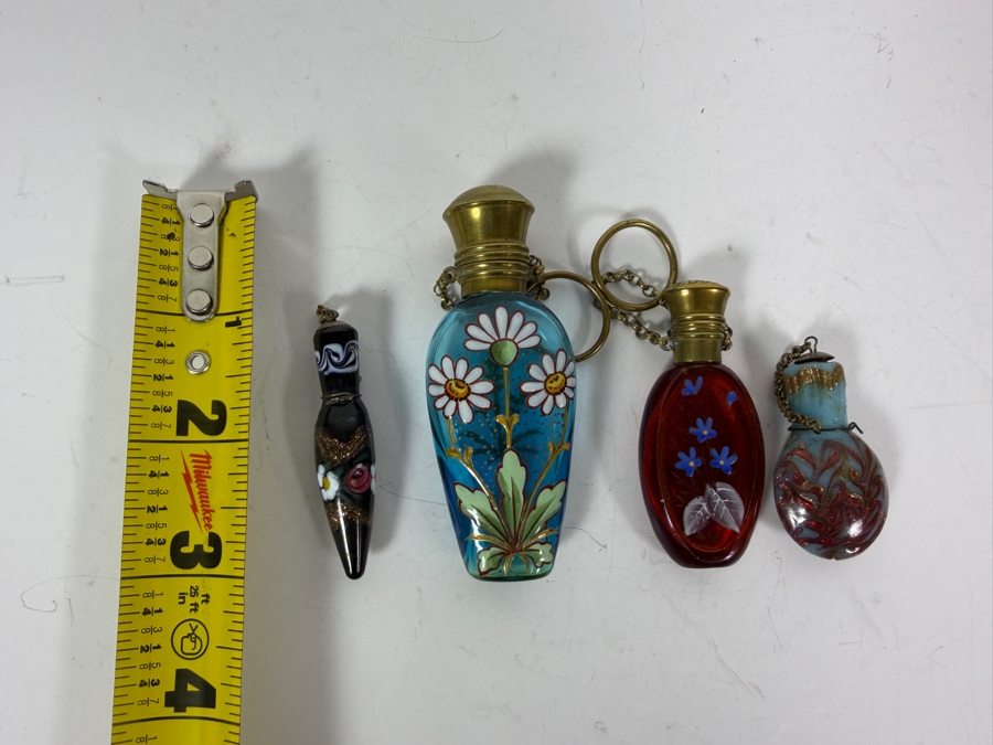 Collection Of Four Vintage And Antique Hand Painted Bristol And Venetian Glass Chatelaine Purse Perfume Bottles [Photo 7]