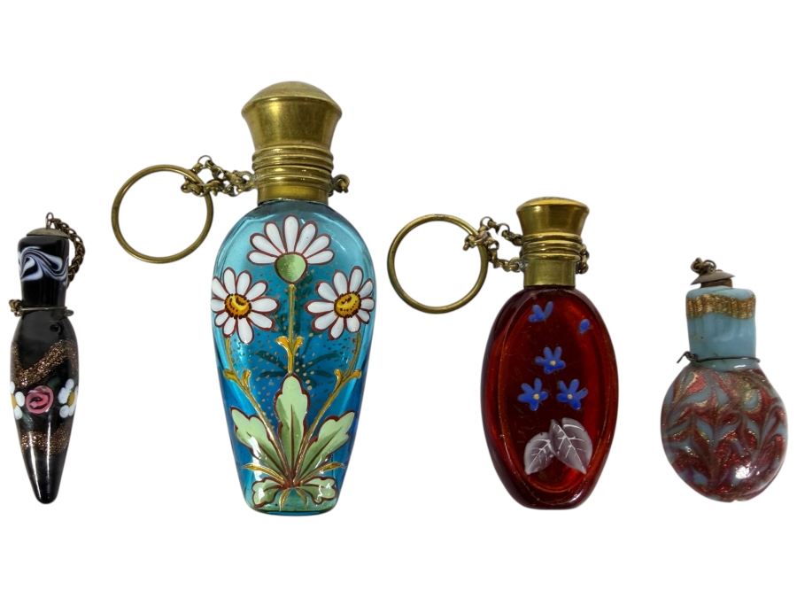 Collection Of Four Vintage And Antique Hand Painted Bristol And Venetian Glass Chatelaine Purse Perfume Bottles