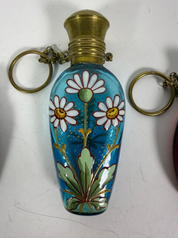 Collection Of Four Vintage And Antique Hand Painted Bristol And Venetian Glass Chatelaine Purse Perfume Bottles [Photo 2]