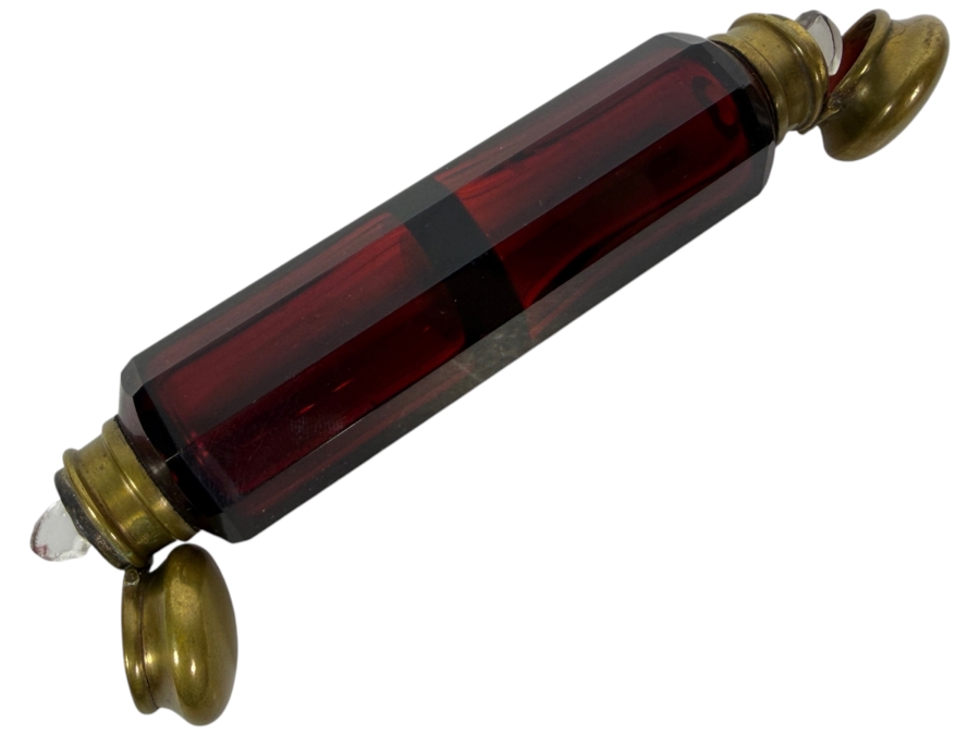 Antique Victorian Faceted Ruby Red Glass Double Ended Scent Bottle With Hinged Brass Caps And Glass Stoppers 5'L
