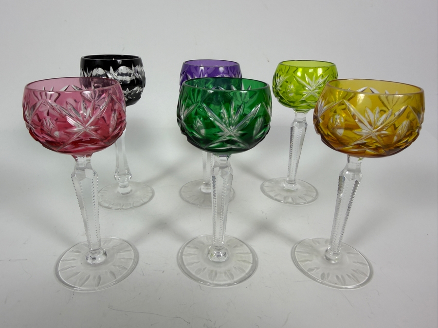 Set Of Six Small Vintage Multi Color Bohemian Cut To Clear Crystal Starburst Cordial Glasses With Faceted Stems 5'H [Photo 3]