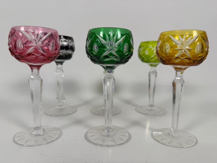 Set Of Six Small Vintage Multi Color Bohemian Cut To Clear Crystal Starburst Cordial Glasses With Faceted Stems 5'H [Photo 2]