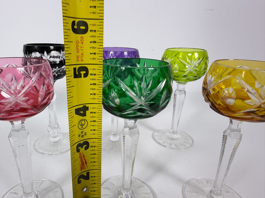 Set Of Six Small Vintage Multi Color Bohemian Cut To Clear Crystal Starburst Cordial Glasses With Faceted Stems 5'H [Photo 4]