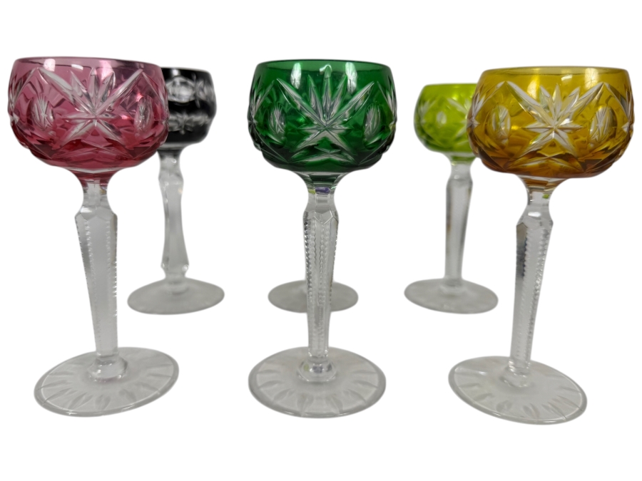 Set Of Six Small Vintage Multi Color Bohemian Cut To Clear Crystal Starburst Cordial Glasses With Faceted Stems 5'H